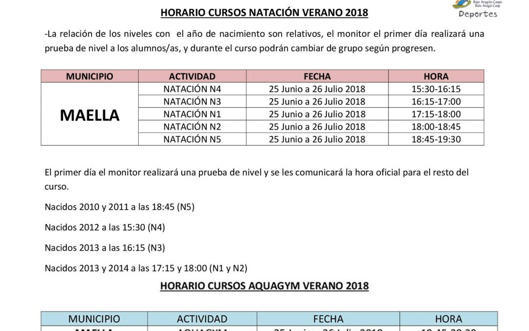 HORARIOS CURSO DE NATACION